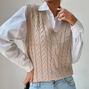 European American Vintage Style  V-Neck  Vest Women  Cables Sleeveless Knitted Vest