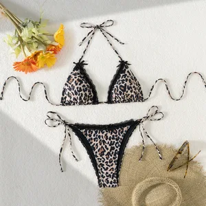 Women's Sexy Halter Neckline Bikini Set Leopard Print Lace Patchwork with Bow Detail 2-Piece Swimwear Wholesale