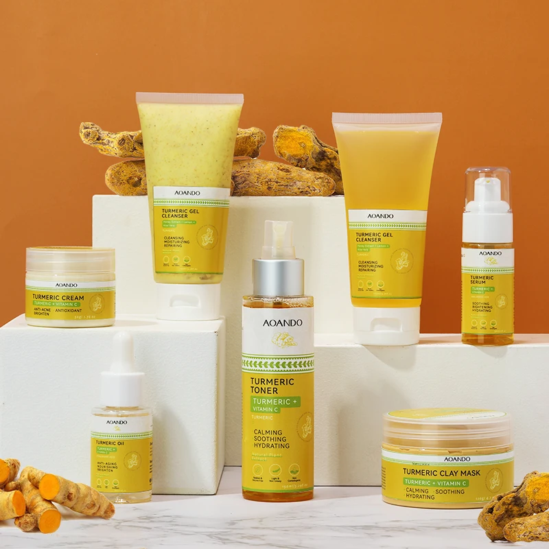 Low MOQ Private Label Luxurious Turmeric Vitamin C Moisturizing Anti-Acne Dark Spot Whitening Facial Serum Cream Oil Set-OEM/ODM