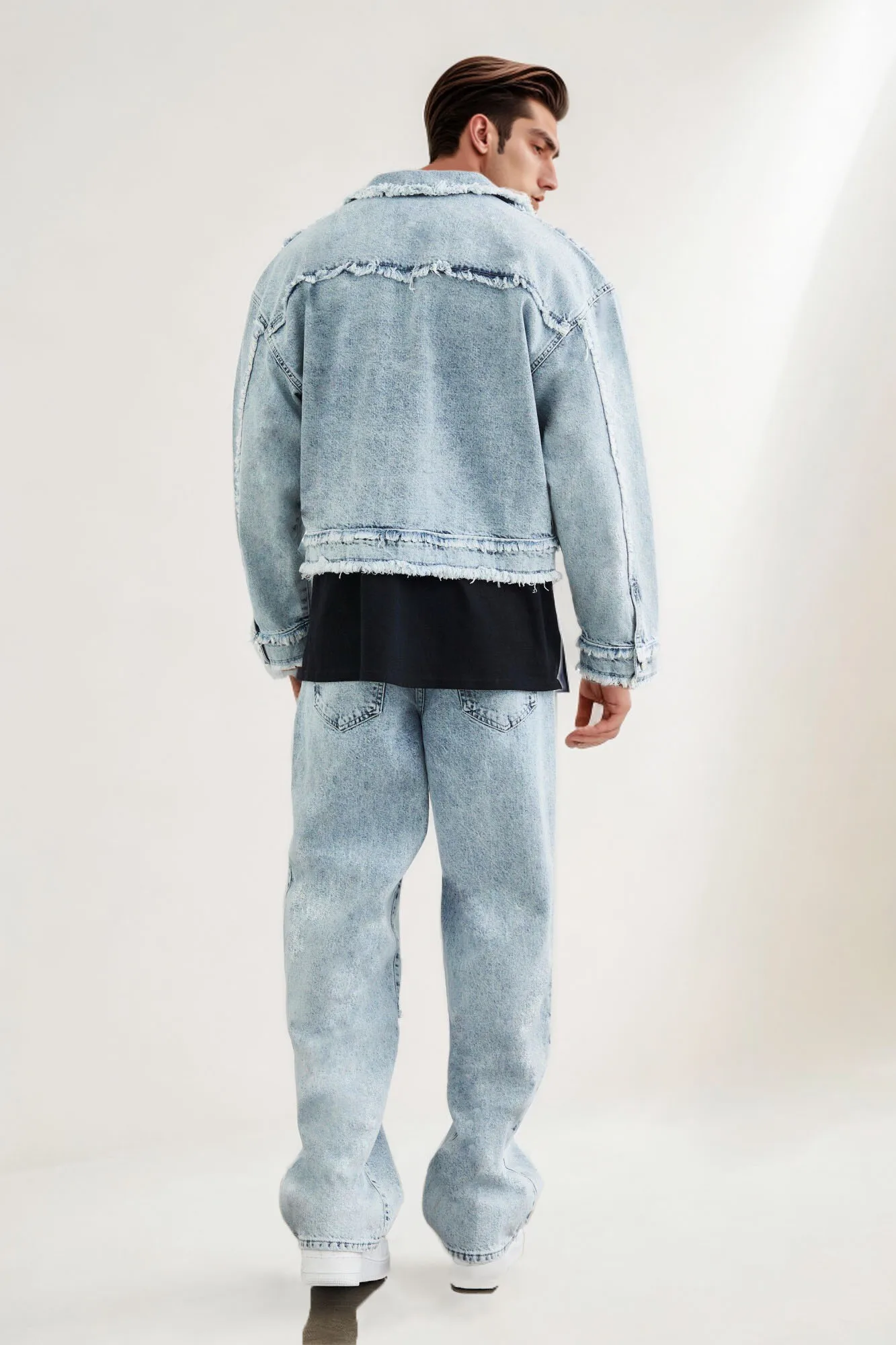 Custom Wholesale Factory Direct Sales of Men's New Casual Fashion Items Spliced Raw Edge Fried Snowflake Wash Straight Leg Jeans