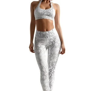 Women's Lock-In Tummy Yoga Set | Galaxy Silver Python-Print Leggings & Seamless Bra | Buttery-Soft Gym-to-Street Athleisure Wear