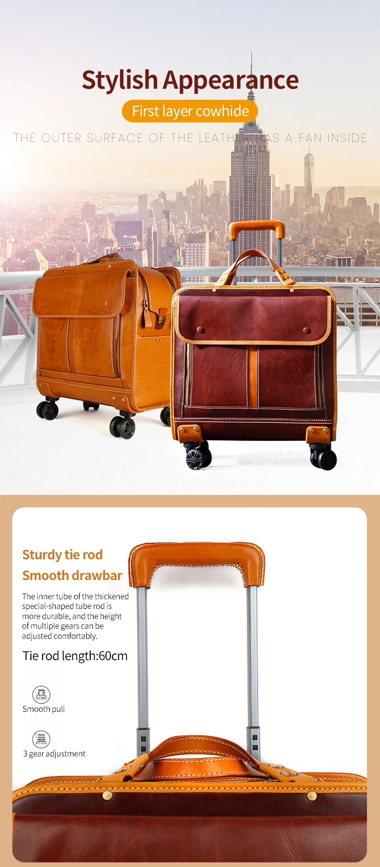 Guangzhou Travelling Bags Trolley Luggage Custom Suitcase Genuine Leather Luggage Bags Cases Travel 4 Wheels Trolly Bag