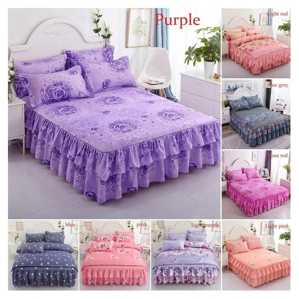Bedding Set Flower Print Single Layer Bed Skirt Flat Sheet Bedspread Pillowcase 