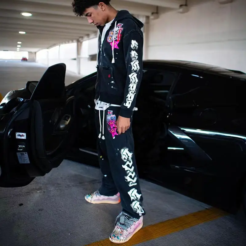 Custom Embroidered Patch Logo Paint Splatter Vintage Acid Wash Sun Faded Sweatpants and Hoodie Set Tracksuit for Men gallery 2
