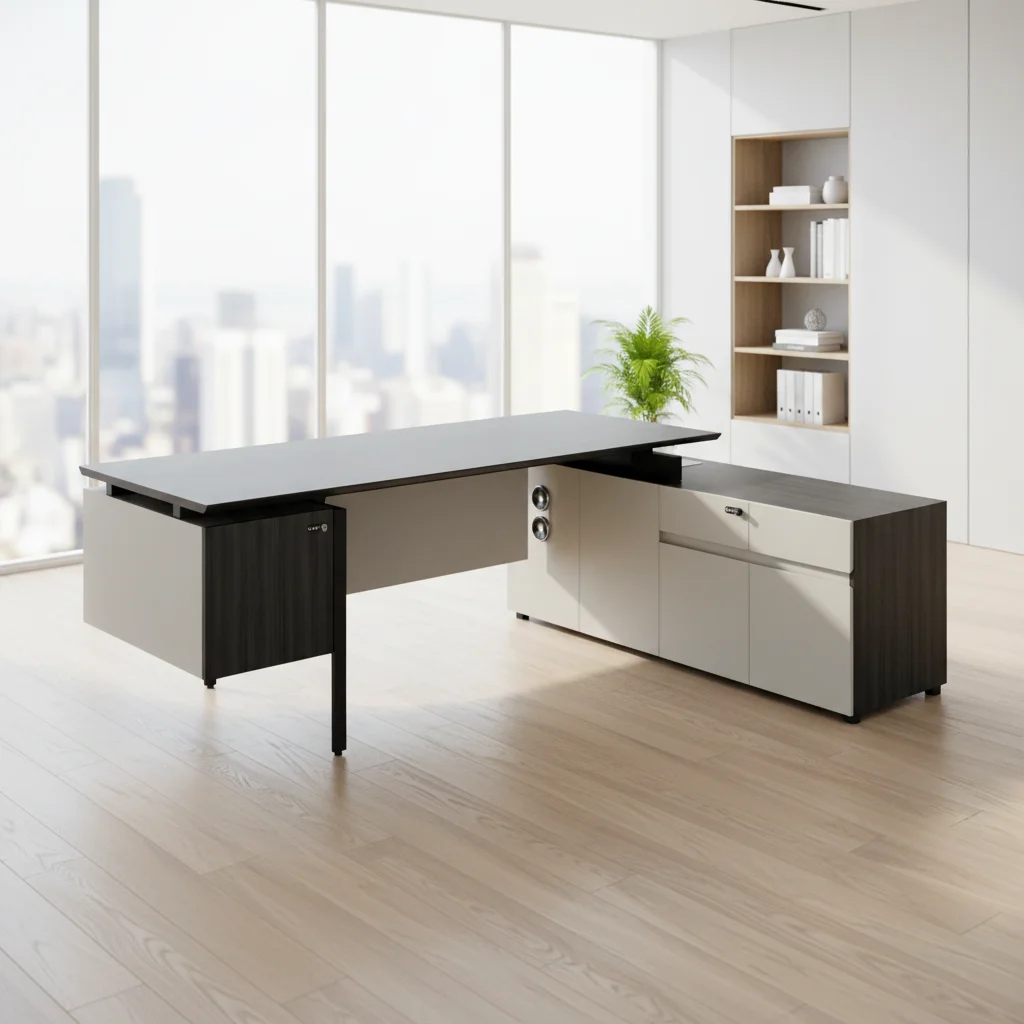 Premium Modern Durable Executive Office Desk Custom Height Wood Top Steel Legs Storage Drawers Cabinet Office Furniture 5