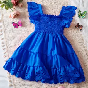 Summer New Solid Girls Dress Short Sleeve Lace Princess Flying Sleeve Ruffle Knee-Length Dresses for Girls
