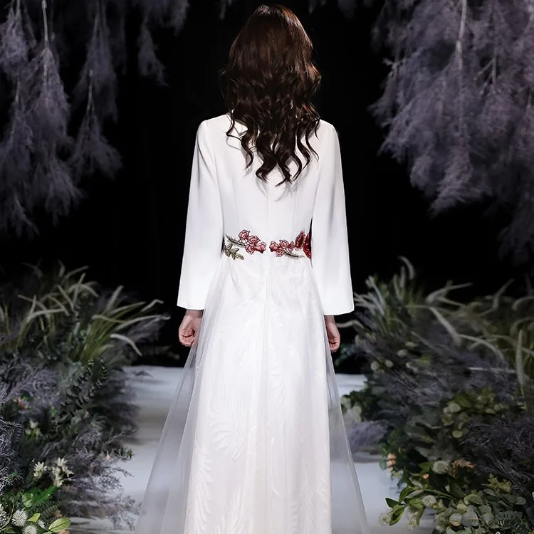 White Summer A-Line Floor-Length Chiffon V-Neck Embroidery Long Sleeve  Party Dress for Women| Alibaba.com