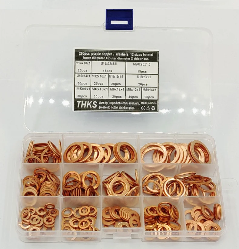 thumbnail image 2 of 280pcs Copper Washer Assortment - 12 Sizes Flat Ring Washers Kit 2 of 12