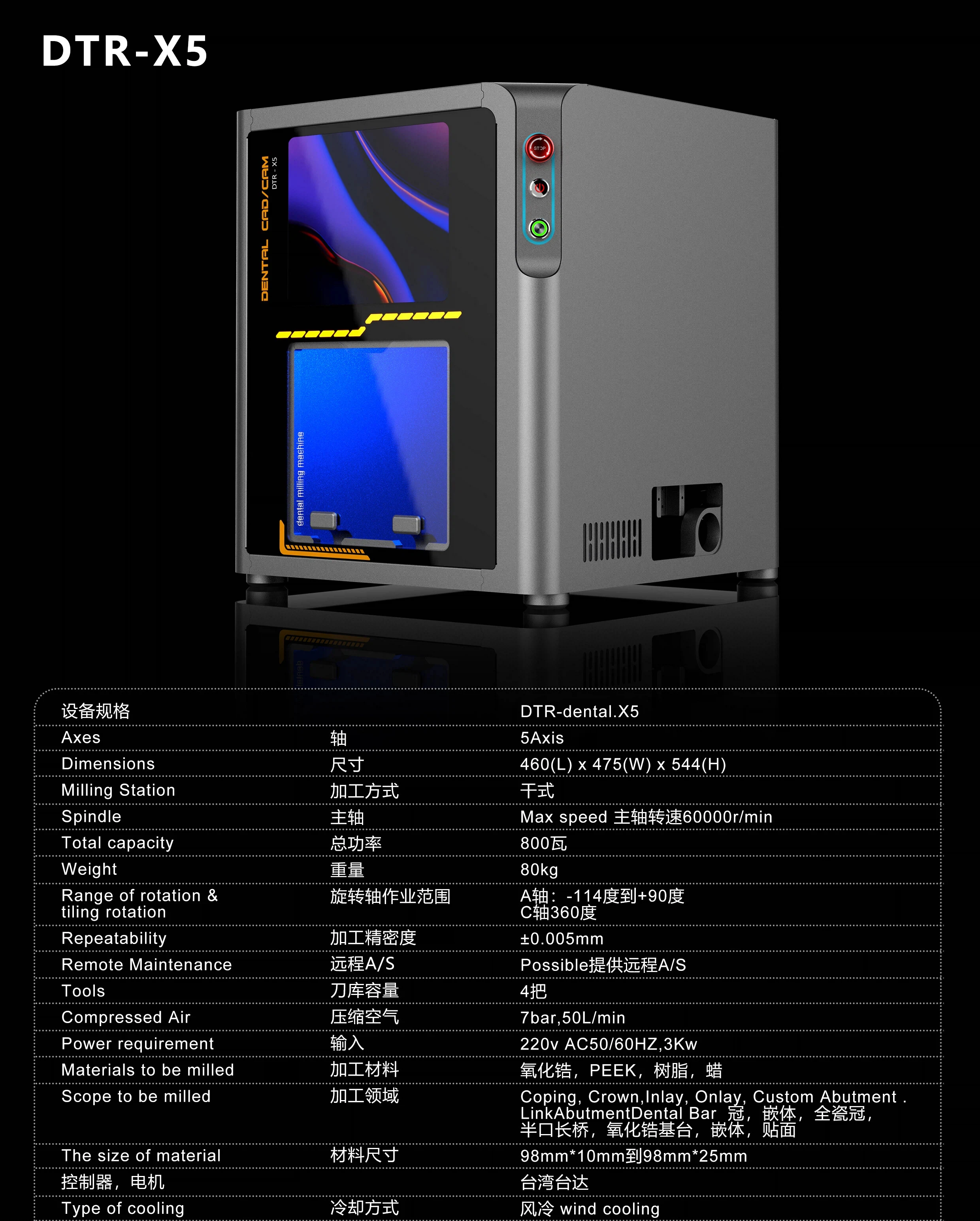 DTR-X5 CAD Cam 5 Axis Dry Wet Milling Machine for Zirconia PMMA Milling