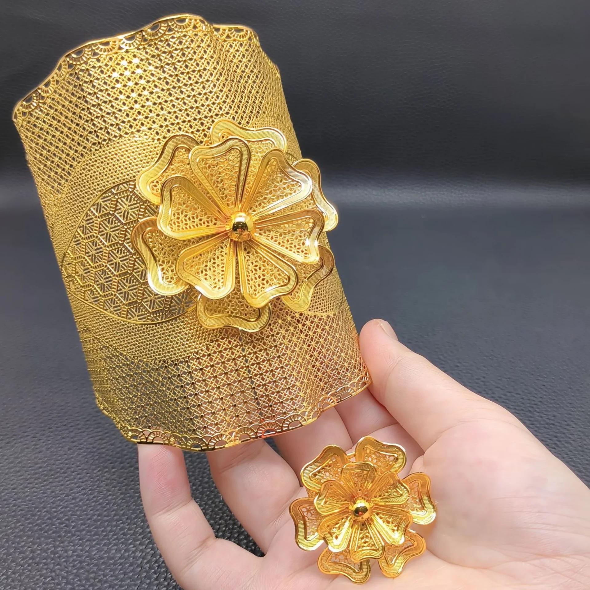 3D Flower Bracelet Ring Set - Gold Plated Wedding Jewelry