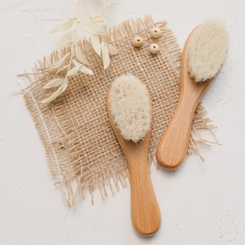 Most Popular Natural Soft Goat Bristles Bamboo Wool Baby Hair Brush Set