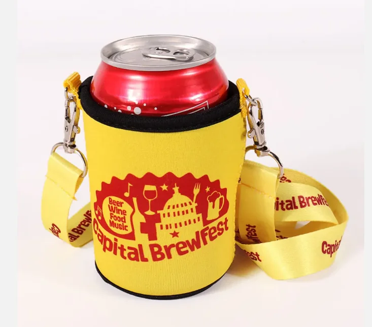 Popular sublimation can cooler bottle neoprene cover for promotion gifts custom neoprene sleeve with fashion lanyard cup holder