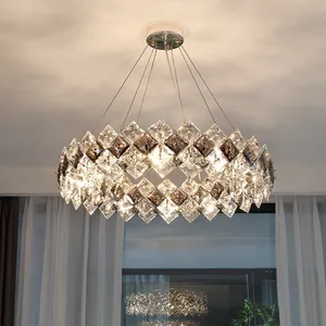 Modern Rectangle Led Hanging Light Hotel Gray Crystal Round Chandelier for Living Room