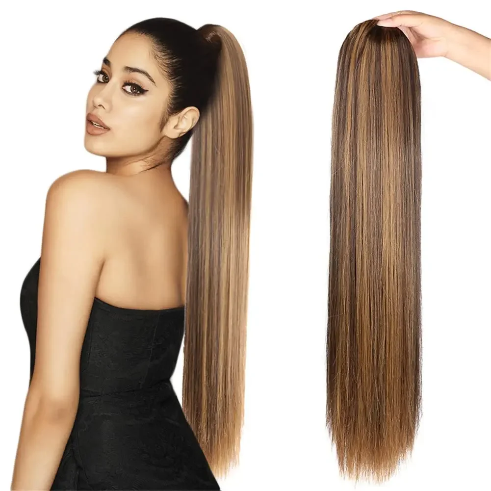 Gerader Pferdeschwanz zum Anklipsen, Pferdeschwanz mit Kordelzug, P4/27, brasilianisches Remy-Haar, 100 % Echthaar, Pferdeschwanzverlängerung für Frauen, 40,6–66 cm_voghion.com