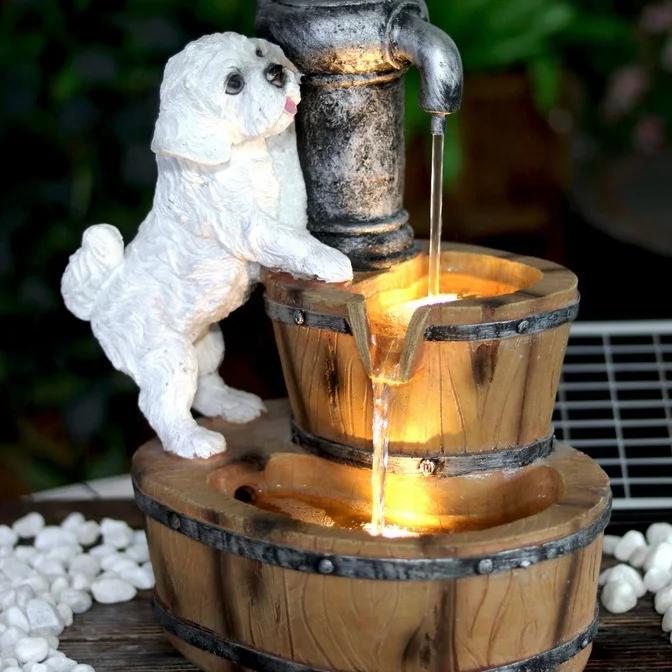 Outdoor Water Feature Polyresin Dog and Wooden Barrel Fountain