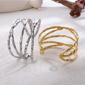 Femme Fashionable Stainless Steel Adjustable Bracelet 18K PVD Hammered Triple Layer Shiny Jewelry Bangle