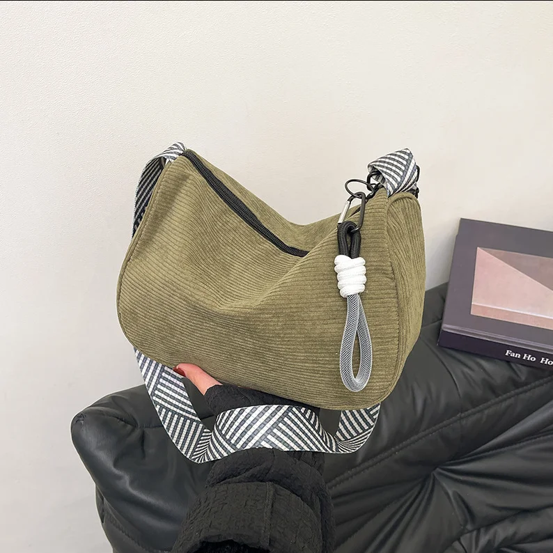 Corduroy Crossbody Bag 2026 Women Solid Color Large Capacity Single Shoulder Striped Sling, Wholesale & OEM/ODM Welcome