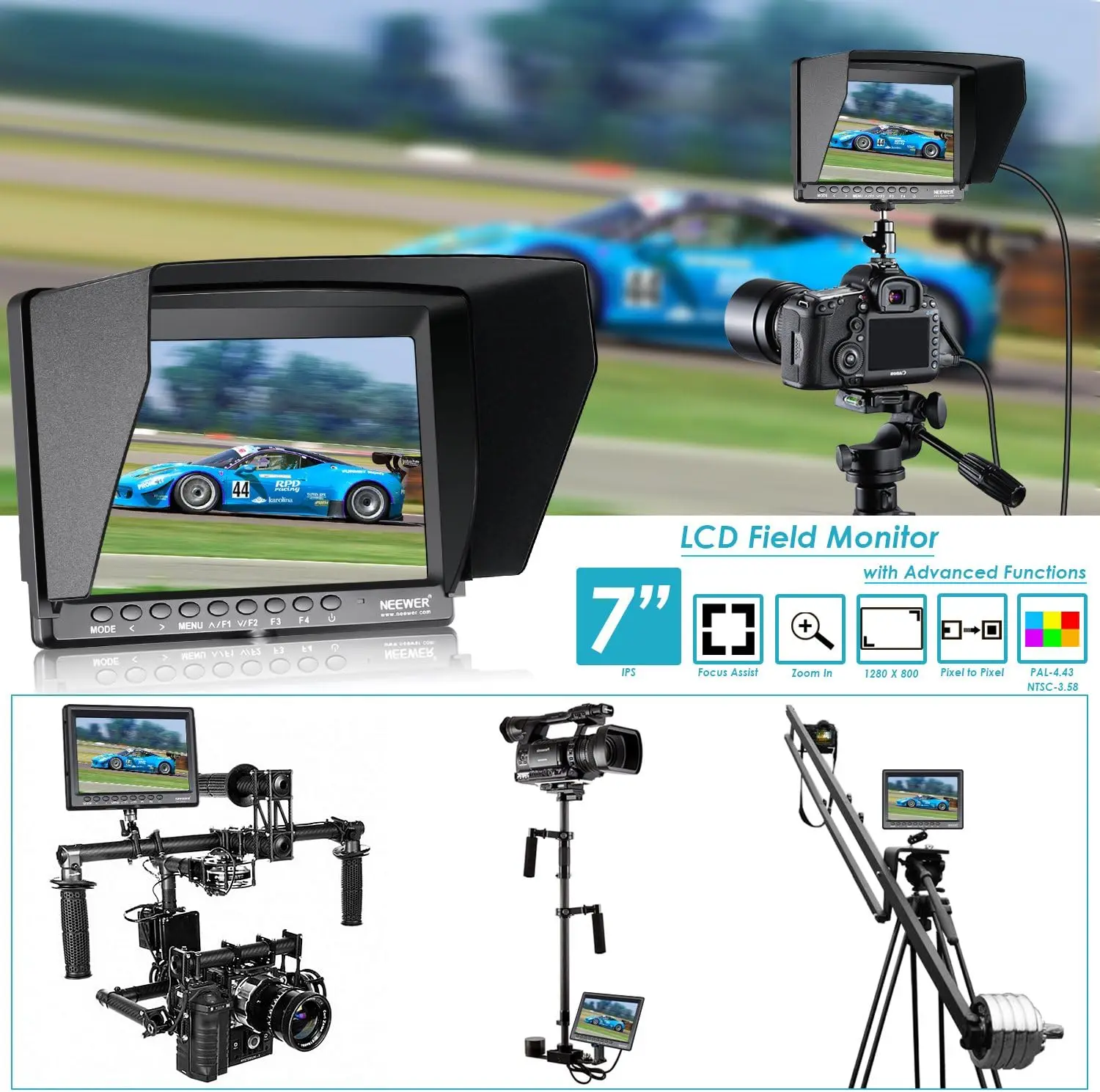 Neewer F100 7inch HD Video Assist IPS 1280x800 Camera Field Monitor with  Sunshade and Ball Head for DSLR Cameras