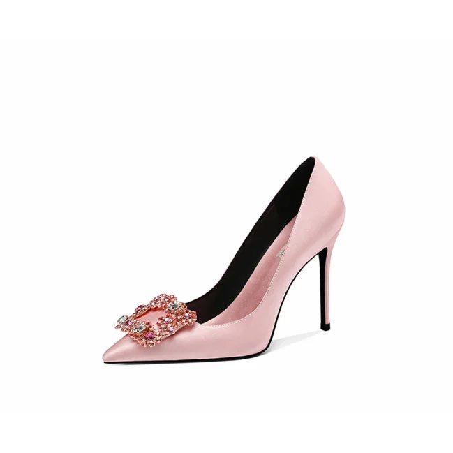 Rhinestones Metal Buckle Pointy Toe Breathable Gold Wedding Black Wedge Dress Shoes