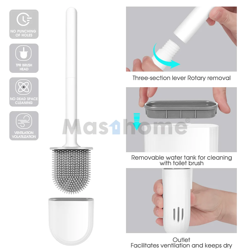 Mathome  New Design Soft TPR Rubber Flat Head Toilet Brush Long Handle Silicone Toilet Cleaning Brush for Bathroom