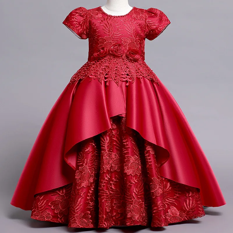 Wholesale New Girls Dresses Big Children Long Atin Embroidered Princess Dress Whole Party Dress,1 Piece