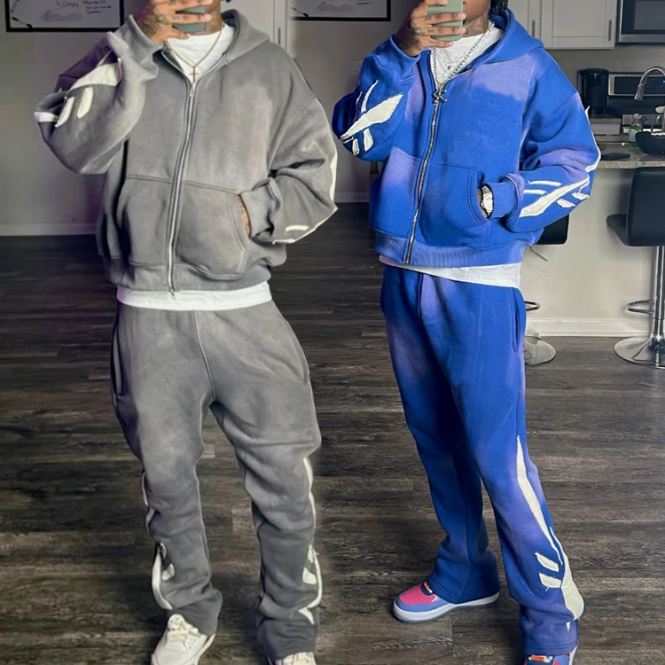 Custom Acid Washed Sweat Suits Cotton Thick Full Zip up Puff Print Acid  Wash Tracksuits Hoodies and Sweatpants Sets for Men