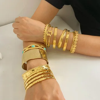 E.B.belle Classic Sun Moon Star Opening Bracelet Chunky 18 Gold Plated Tarnish Free Stainless Steel