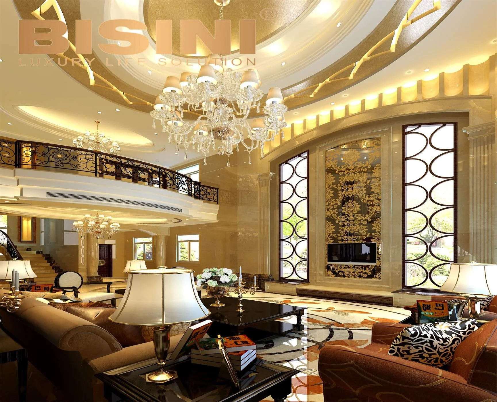 Классический проект виллы роскошный интерьер гостиной 3D Настенный пол и потолочный дизайн