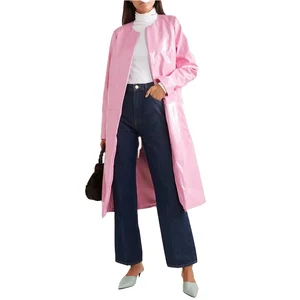 Hot Selling Women Baby-Pink Fashionable Mid-Length Pu Patent Leather Coat
