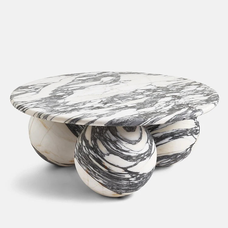 Living Room Modern Design Three Sphere Balls Base Marble Round Luxury White Marble Top Coffee Table