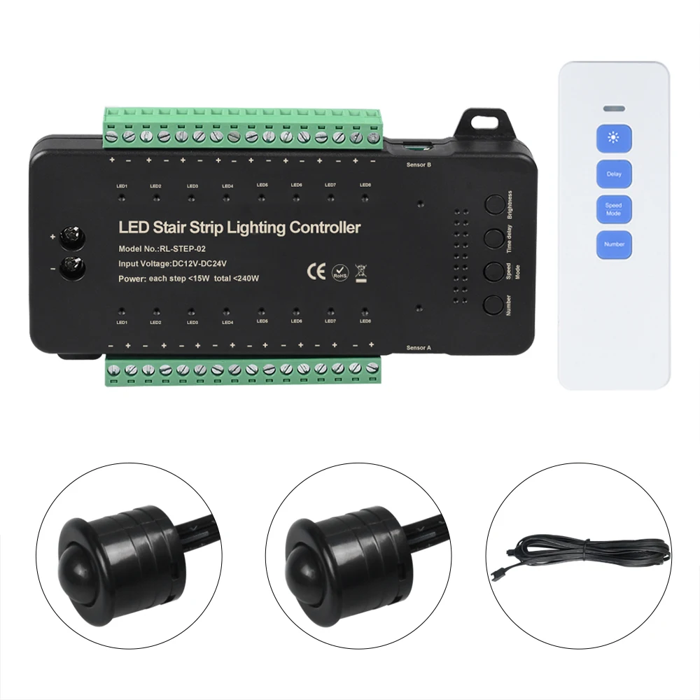 PIR Motion Sensor Stair Led Lighting Controller Moving Effect With Remote Control Dimming for 16 Steps Staircase Stair Use