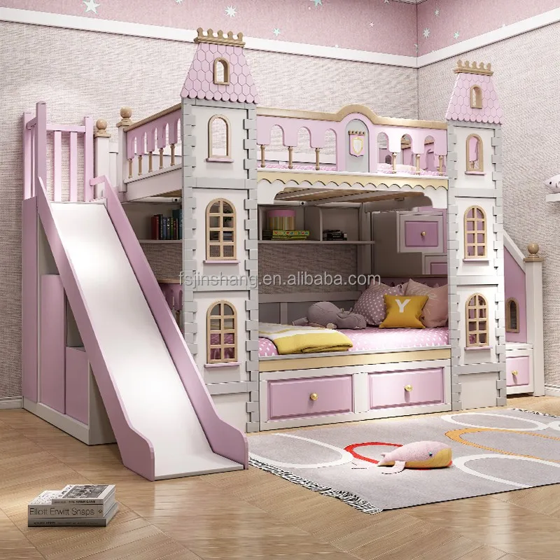 JS FURNITURE New Design Kids Double Bed for Children Bedroom Furniture  Kids Helicopter Bed With Modern Slide and Stairs