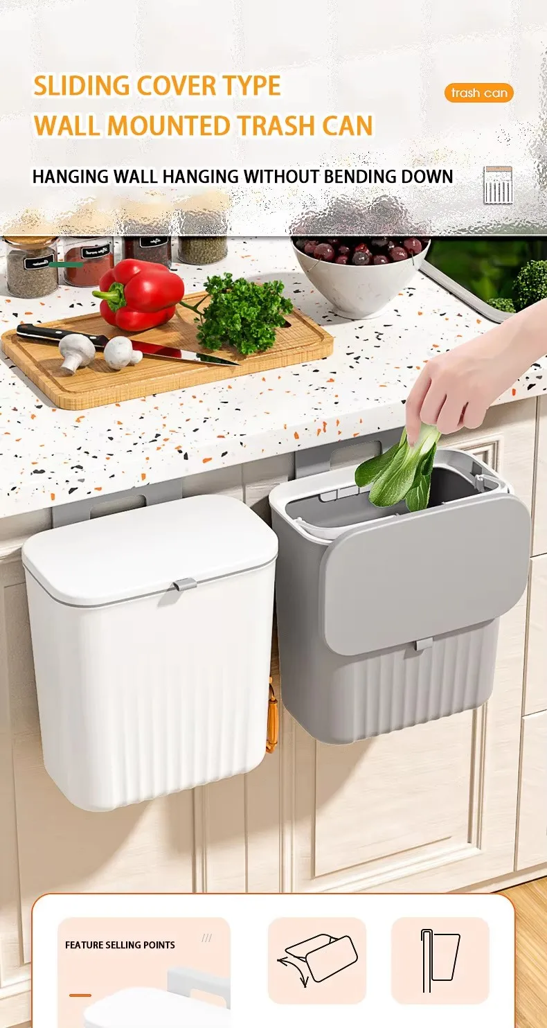 product upgraded thickened plastic pp vertical compost waste bin kitchen hanging trash can with hanging hook  sliding open lid-31