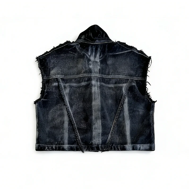 Vintage-style Distressed Zip-up Heavy-duty Jacket Sleeveless Men's Terry-lined Denim Vest Stone-washed Distressed gallery 2