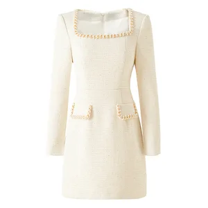 New Autumn Tweed Elegant Square Neck Hand-Beaded French Long-Sleeved Dress for Party