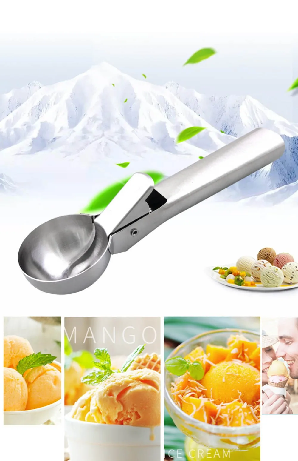 1pc Stainless Steel Ice Cream Scoop, Ice Cream Scoop With Trigger, Fruit  Spoon, Soup Ladle
