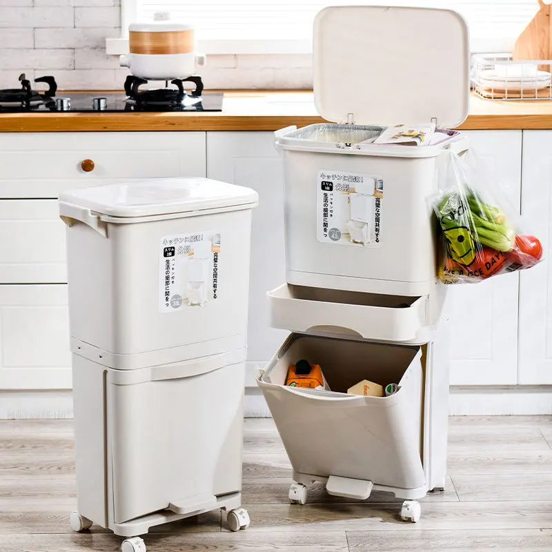 42L Double Layer Japanese Style Plastic Classify Waste Bin With Drawer