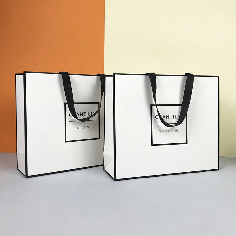 White Shopping Bags | Lipack Wholesale Printing Logo Shopping Clothes Paper Bag White Paper Packaging Bag With Black Line Edges