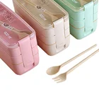 Kids Adult Bento Lunch Box 3 In 1 Leakproof 3 Layers With Spoons Forks Wheat Straw Food Container Food Grade Material For Kid