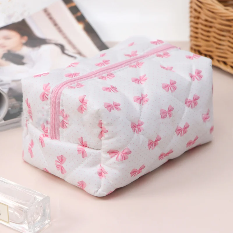Wholesale Promotional Cotton Cosmetic Bag Cute Bow Daily Necessities Storage Makeup Organizer Factory Price