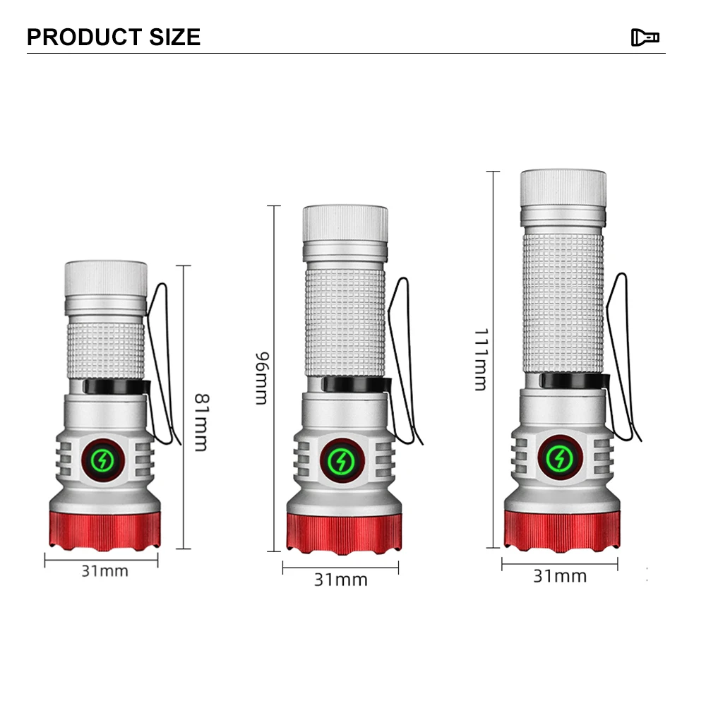 Portable Rechargeable EDC Small Flashlight 7pcs LED Waterproof Tactical Camping Torch Light with Magnet Aluminum Alloy Lamp Body