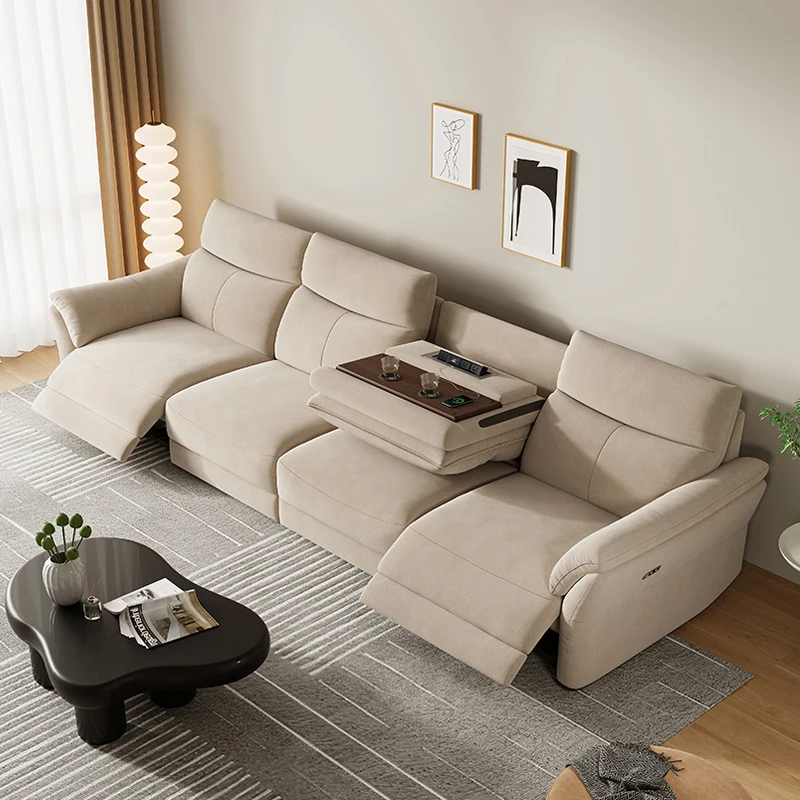 Modern Simple Small Space Living Room Recliner Electric Sofa Smart with Cup Holder with USB 3 Seater Khaki Fabric Recliner Sofa