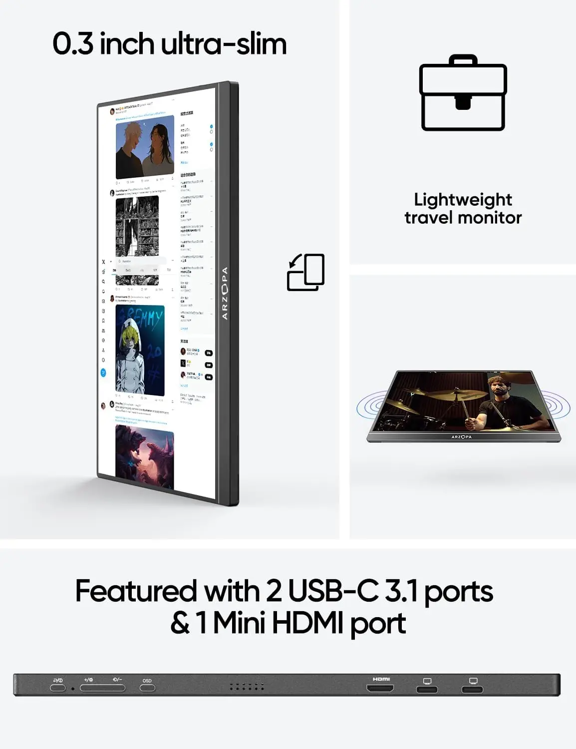 Arzopa 15.6 Inch FHD Portable Monitor - 1080P USB Screen Extender