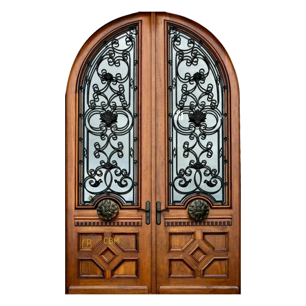 CBMmart Medieval Square Frame Double Arched Wooden Door Front Pivot Iron Window Frame Entrance Solid Wood Doors