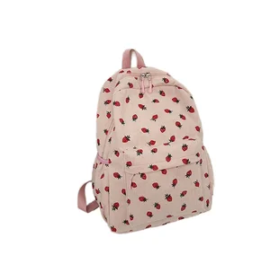 custom logo Large Capacity Cute for Pink Corduroy Student Backpack Zipper Vintage Office School Bag for Women Portable Strawberry Logo
