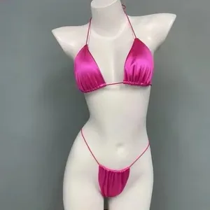 2026 Low MOQ High Quality Swimwear Women Solid Lace up Triangle Thong Micro Bikini Set Custom LOGO Open Back Blank Bathing Suit