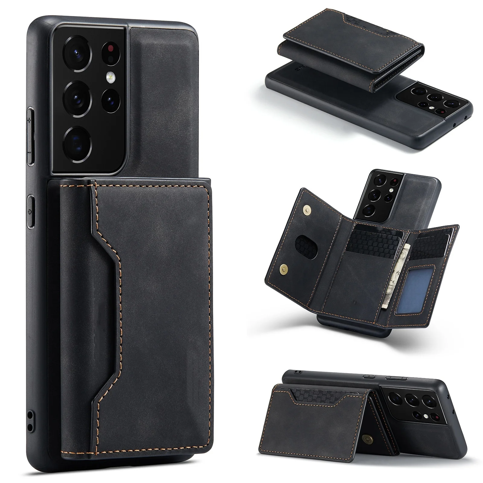 Multi-Function Card Holder Wallet Strong Magnetic Closure Leather Case For Phones For Samsung Galaxy S24 S21 Plus Ultra