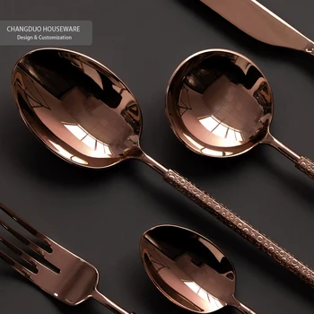 Hexagonal handle Rose gold copper color stainless steel flatware Round soup spoon steak knife dinner fork Coffee dessert tea