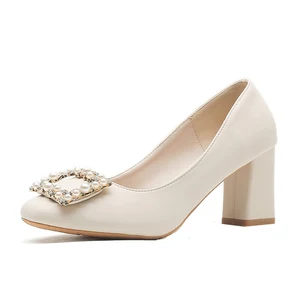 Summer Slip - on Round Toe High - Heeled Sandals, 7CM Chunky Heel, High - Quality Leather Upper with Bead Decor