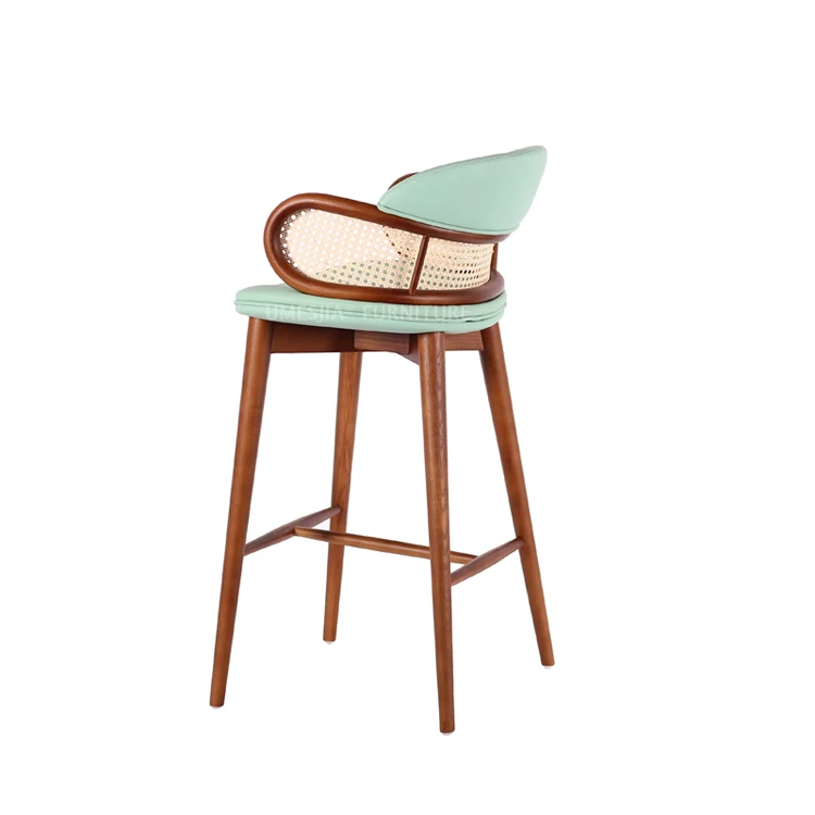 Modern Bar Furniture Solid Wood Cane Bar Stool Chair With High Back